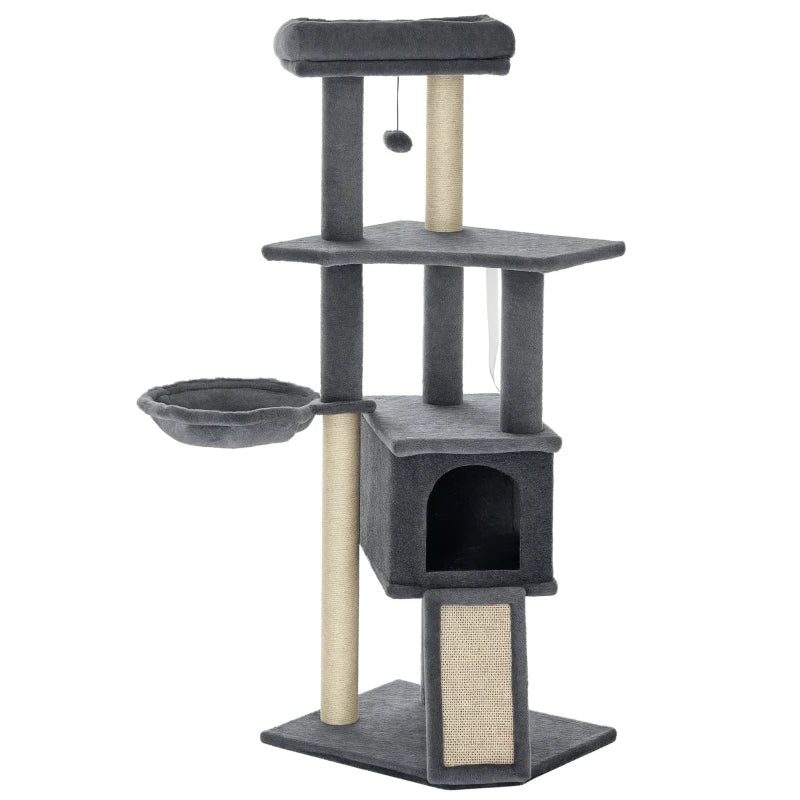 50 Inch Cat Tree, Multi-Level Cat Tower with Sisal Scratching Posts and Ramp, Bed, Condo, Hammock, Toy Ball, Grey
