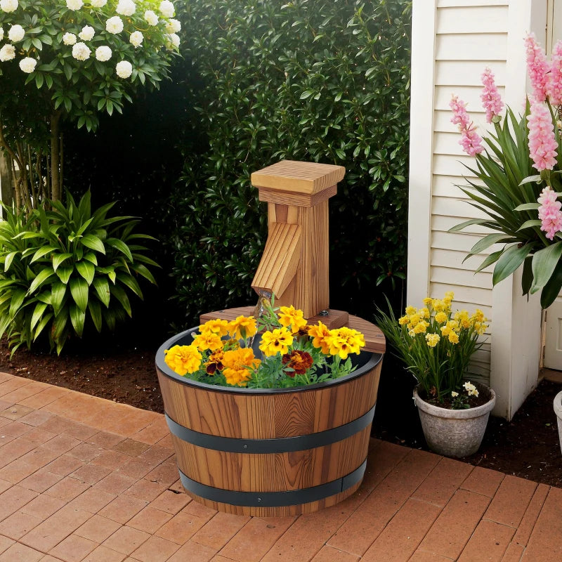 Outdoor Waterfall Fountain, Garden Wood Barrel, Carbonized
