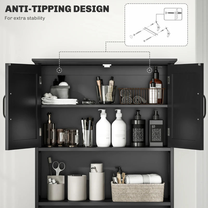 Modern Over The Toilet Storage, Bathroom Cabinets Over Toilet with Open Shelves and Double Door Cabinet, Black