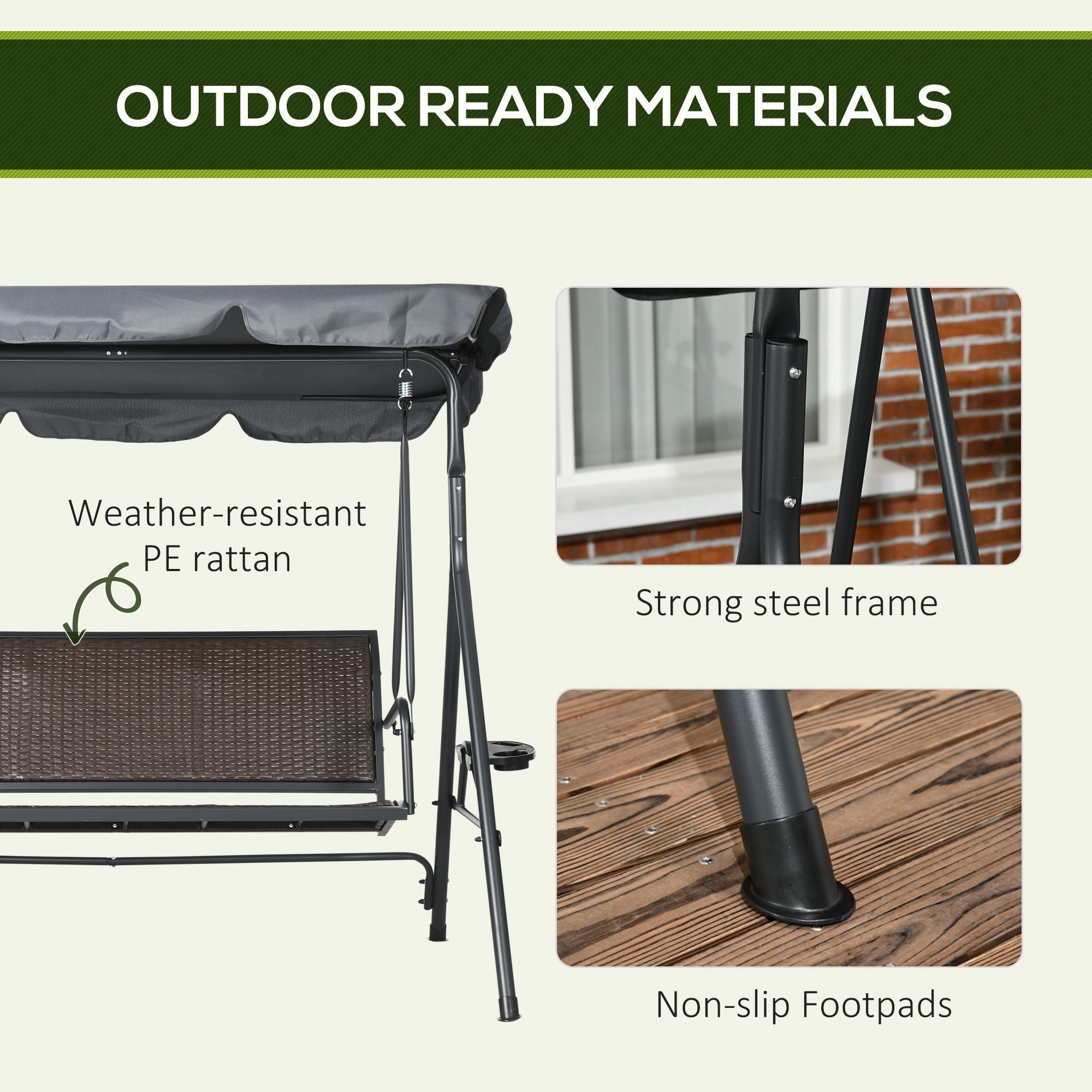 Outsunny 3-Seat Patio Swing Chair: Outdoor Canopy Glider with Adjustable Shade, Rattan Seat & Steel Frame 