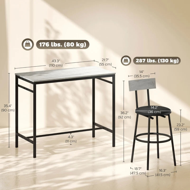 5-Piece Bar Table Set, Industrial Bar Table and Stools for 4 with Footrest and Steel Frame for Kitchen, Cement Grey