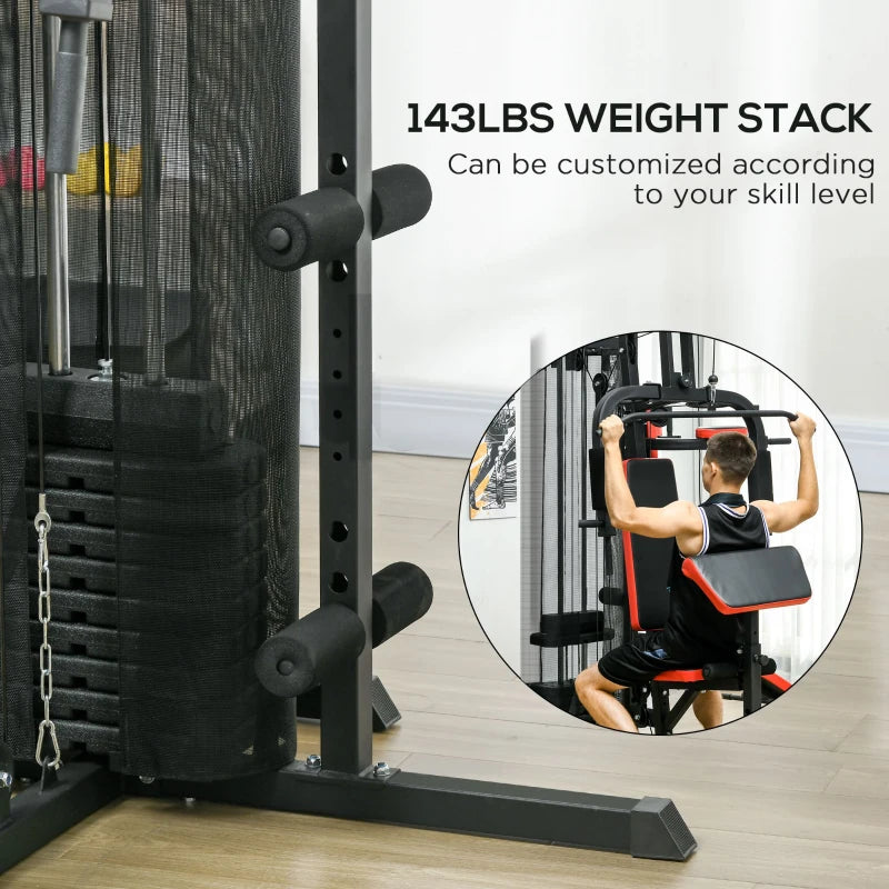 Soozier Multi Home Gym Equipment, Workout Station with Sit up Bench, Push up Stand, Dip Station, 143lbs Weights