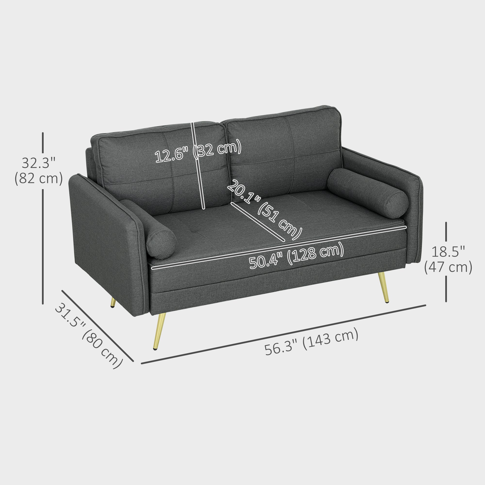 HOMCOM 56" Loveseat Sofa for Bedroom Upholstered 2 Seater Couch with Back Cushions and Pillows, Dark Grey 