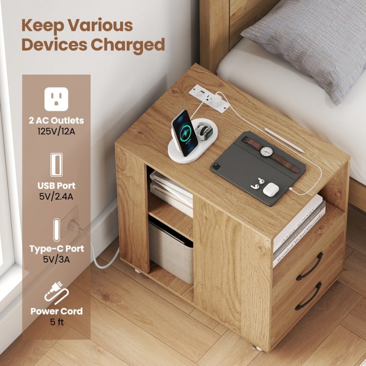 End Table with Built-in Charging Station Sofa Side Bedside Table on Wheels-Natural