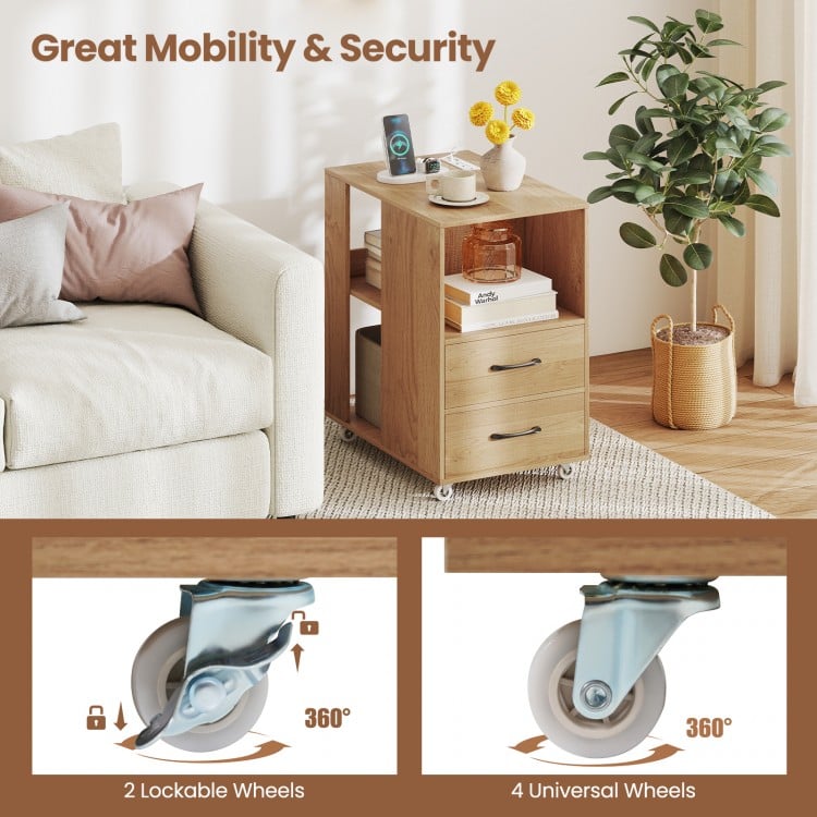 End Table with Built-in Charging Station Sofa Side Bedside Table on Wheels-Natural