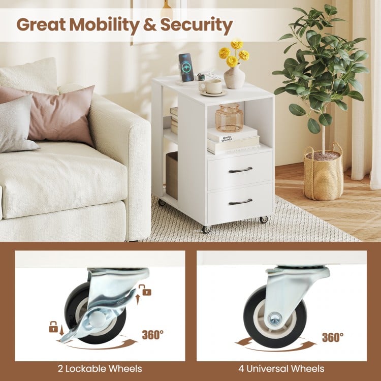 End Table with Built-in Charging Station Sofa Side Bedside Table on Wheels-White