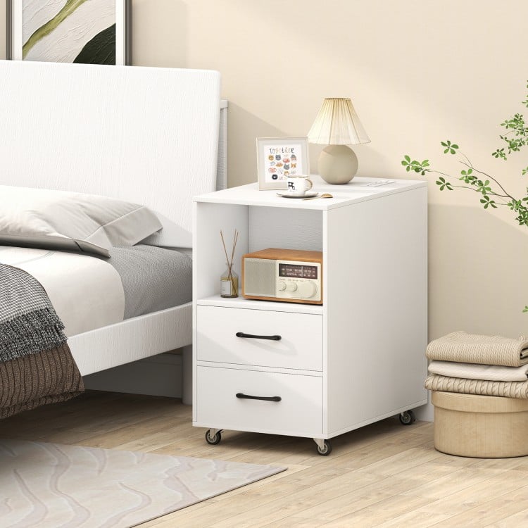 End Table with Built-in Charging Station Sofa Side Bedside Table on Wheels-White