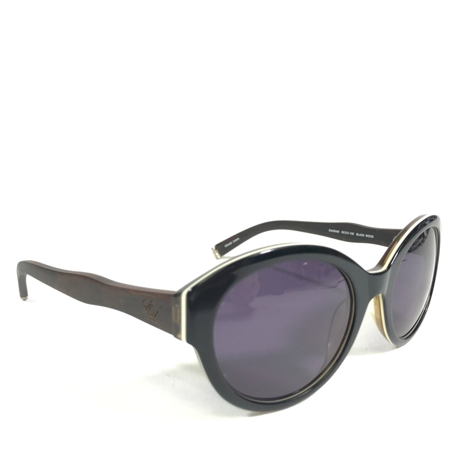 Sunglasses DIAGRAM BLACK WOOD Brown Round Frames w Purple Lenses 
