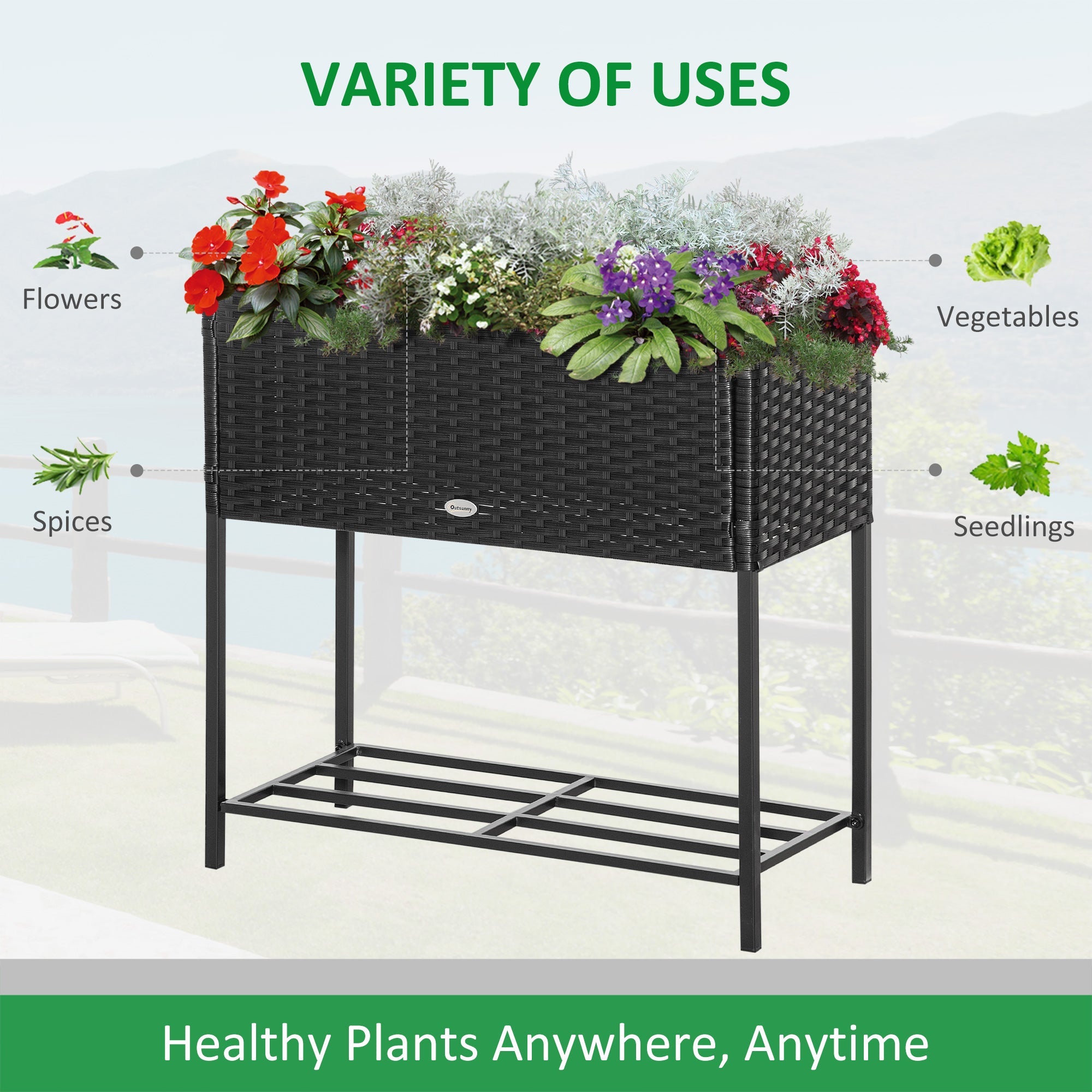 Outsunny Rattan Raised Garden Boxes, Elevated Flower Beds with Storage Shelf for Herbs, Flowers, Vegetables, Black 