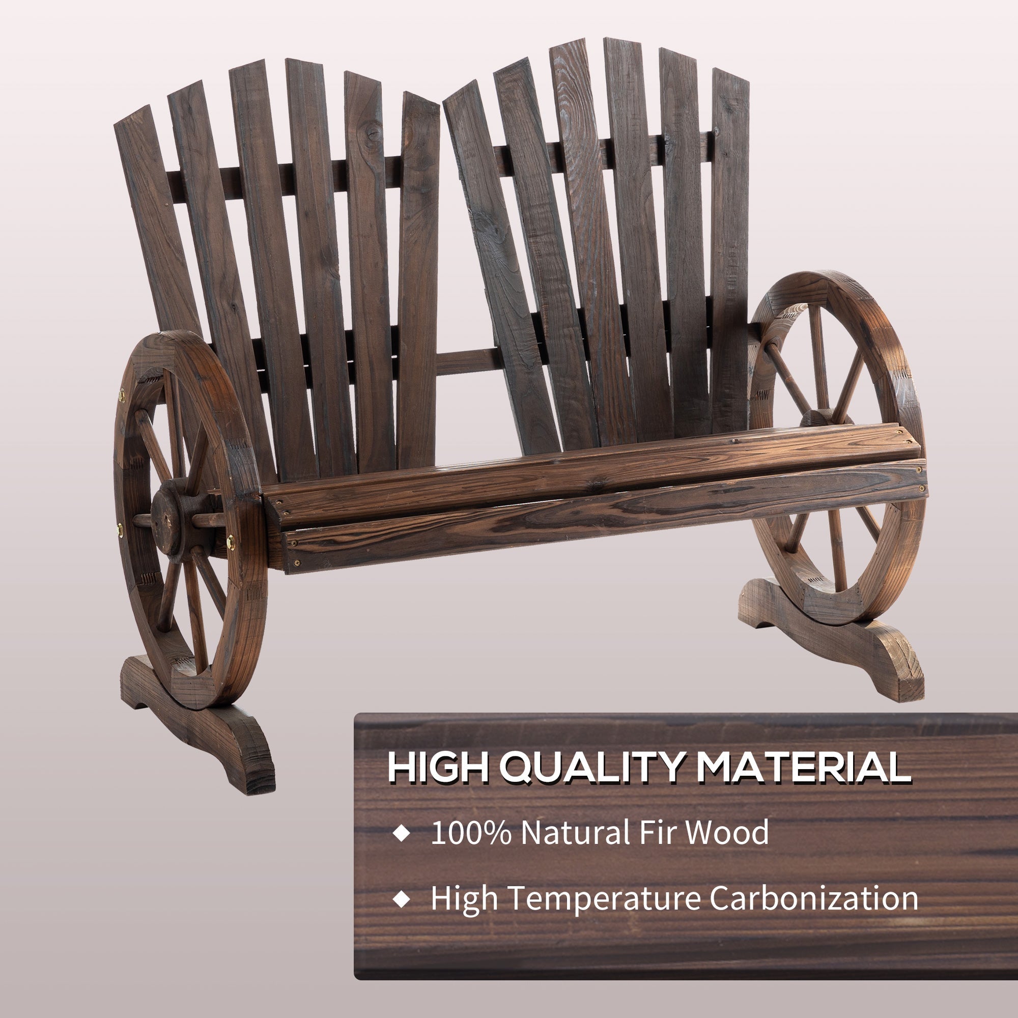 Outsunny Wooden Garden Bench 2-Seat Patio Bench with Wheel-Shaped Armrests Carbonized Color for Outdoor 