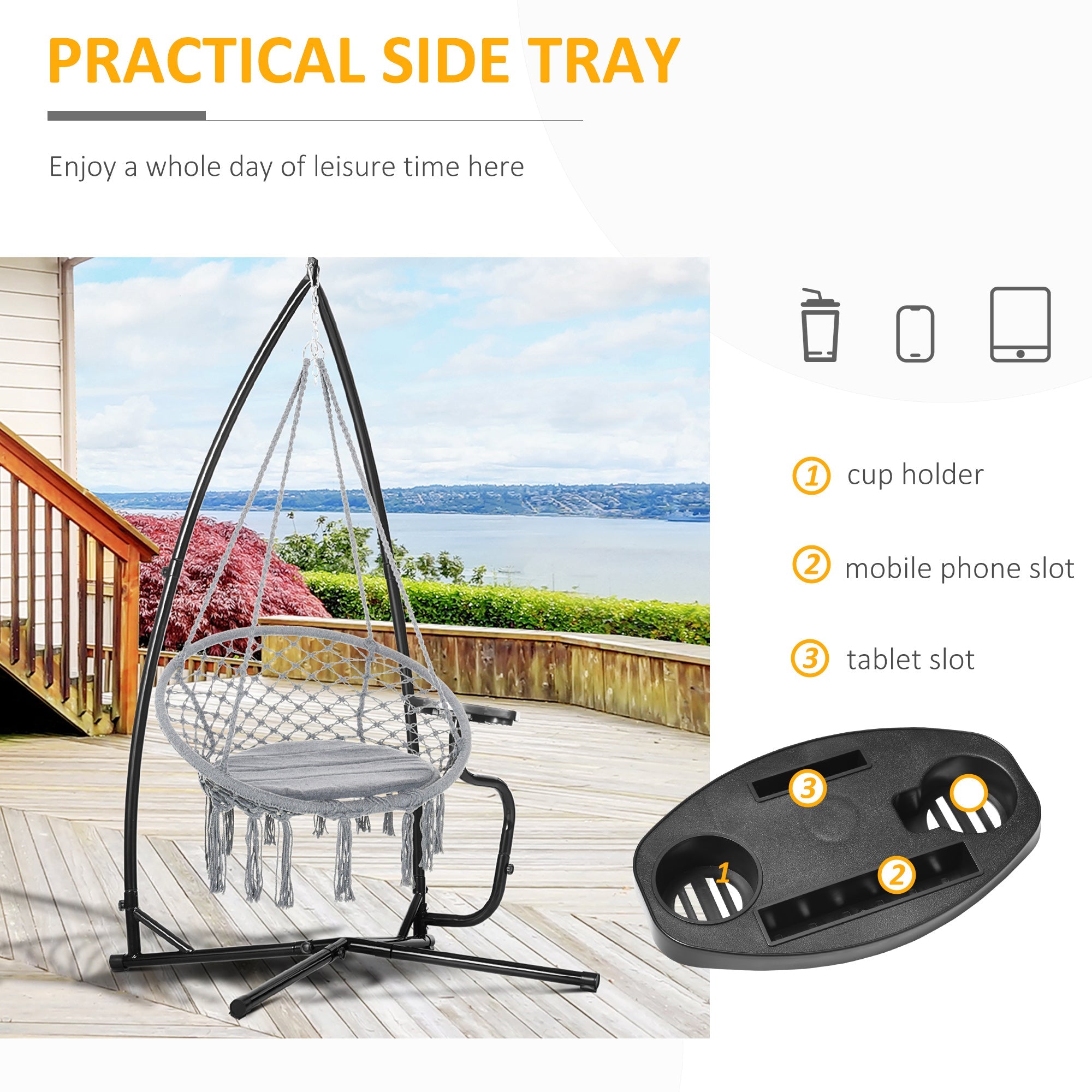 Outsunny Hammock Chair Metal C-Stand - Durable Stand Only for Hanging Chairs, Includes Tray, Ideal for Indoor/Outdoor Use, Black 