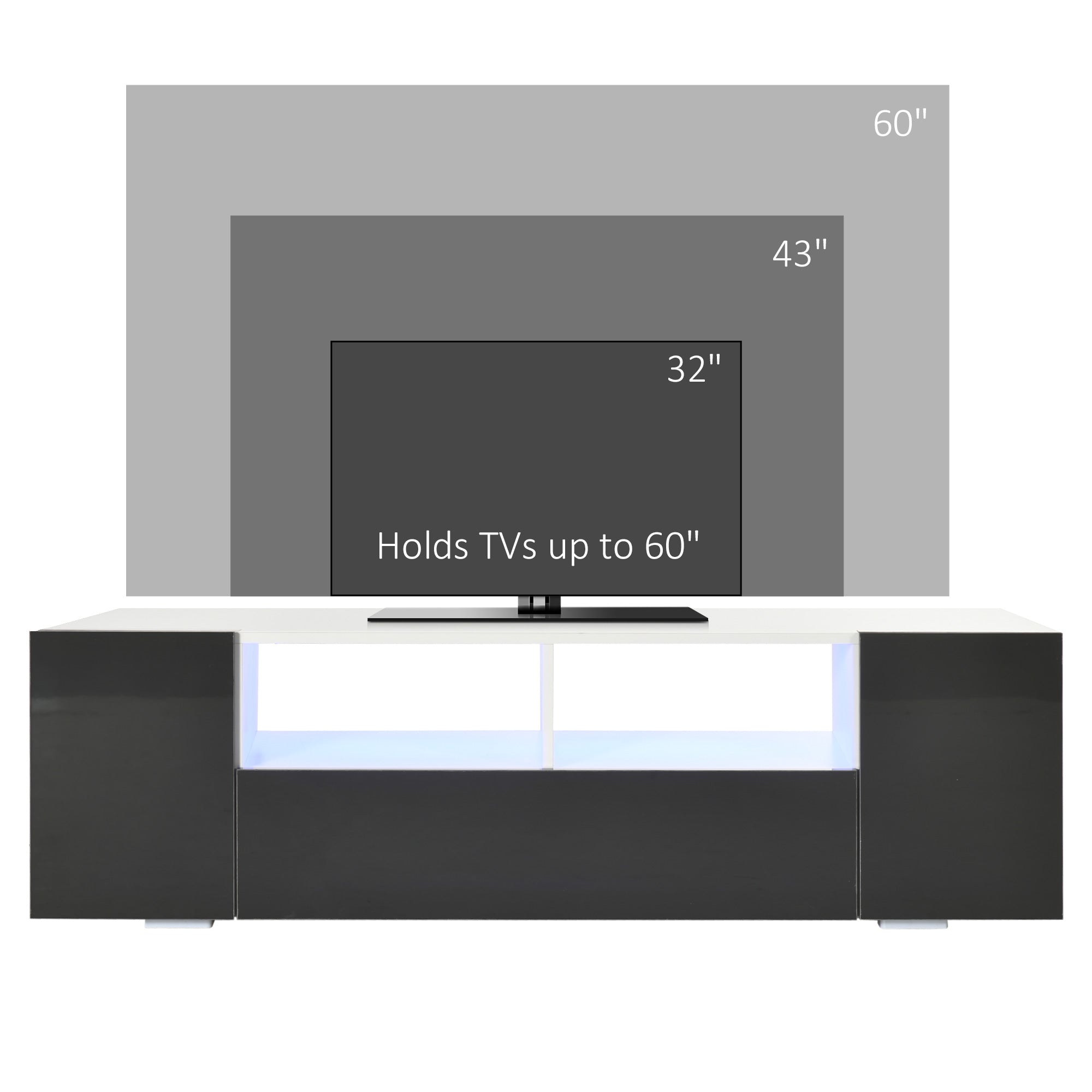 HOMCOM TV Unit for 60 Inch TVs LED Lights Storage Shelves Modern Grey Spacious Living Room Furniture 