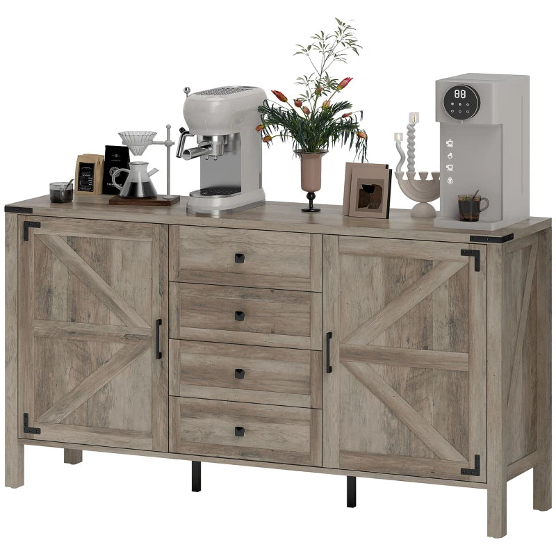 59" Buffet Cabinet, Farmhouse Sideboard with Thick Top, 2 Barn Doors, 4 Drawers and 2 Adjustable Shelves, Grey