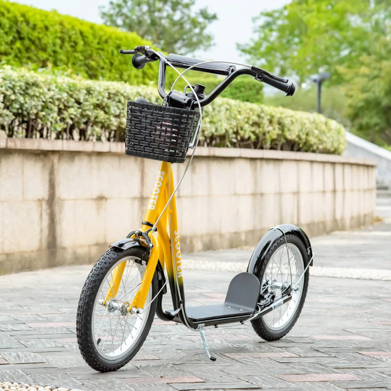 Aosom Kick Scooter with Adjustable Handlebar, Kids Scooter with 2 Brakes Basket Cupholder 16" Inflatable Rubber Tyres Orange