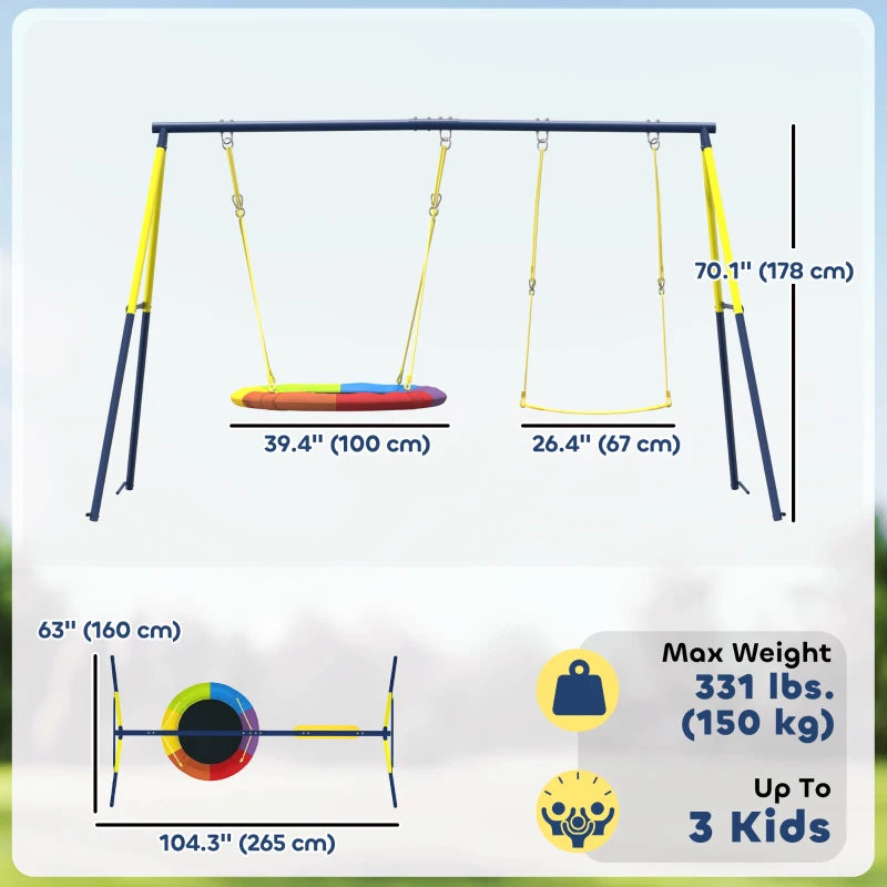 Qaba Kids Swing Set with Double Swings, Outdoor Playset with Adjustable Ropes, Metal Frame for Ages 3-8, 150 Capacity