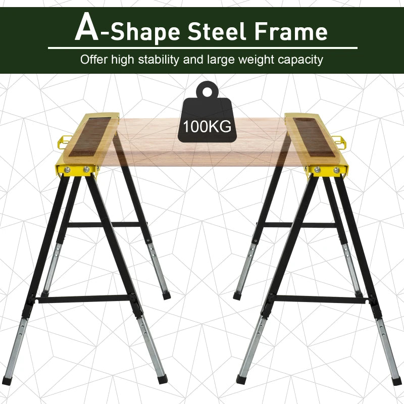 Saw Horse Twin Pack Folding Workbench Adjustable Metal Trestle Stands Yellow