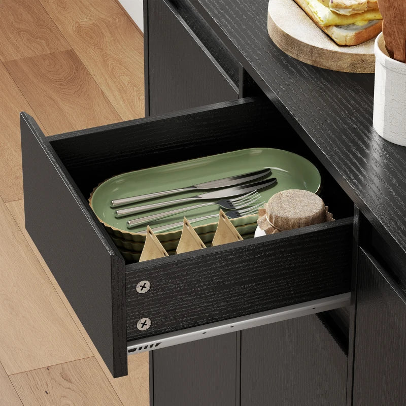 71" Pantry Cabinet with Charging Station, Kitchen Storage Cabinet with Microwave Stand, Pegboard, 6 S-hooks, Black
