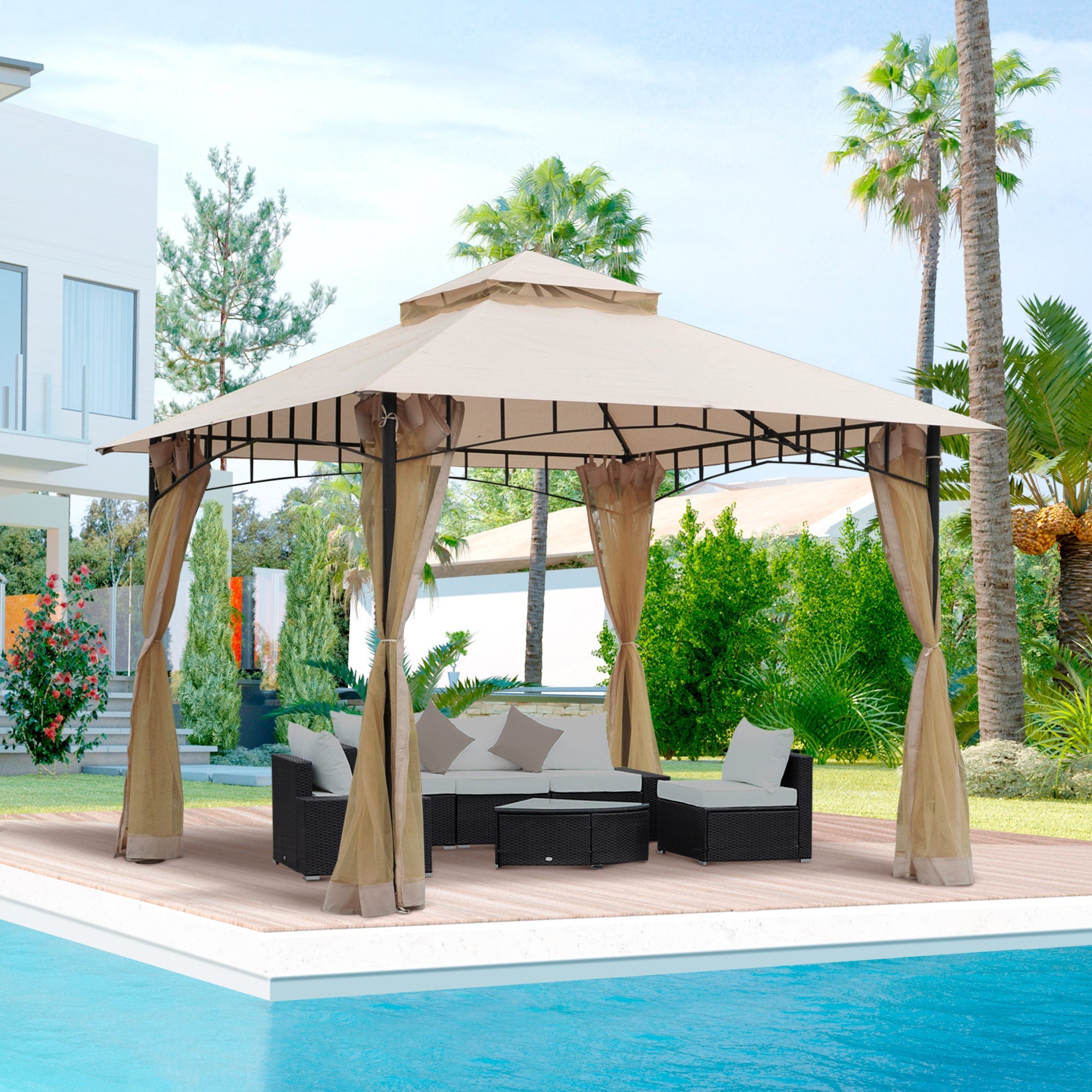 Outsunny 10x10ft Double Tier Garden Gazebo Canopy Outdoor Sunshade Tent Water-Resistant Anti-UV Roof with Metal Frame, Beige 