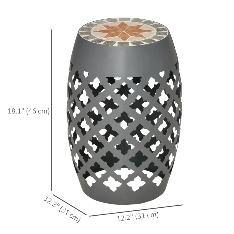 Ceramic Decorative Garden Stool, 12" Drum Outdoor Stool Side Table Plant Stand for Outdoor Indoor, Grey