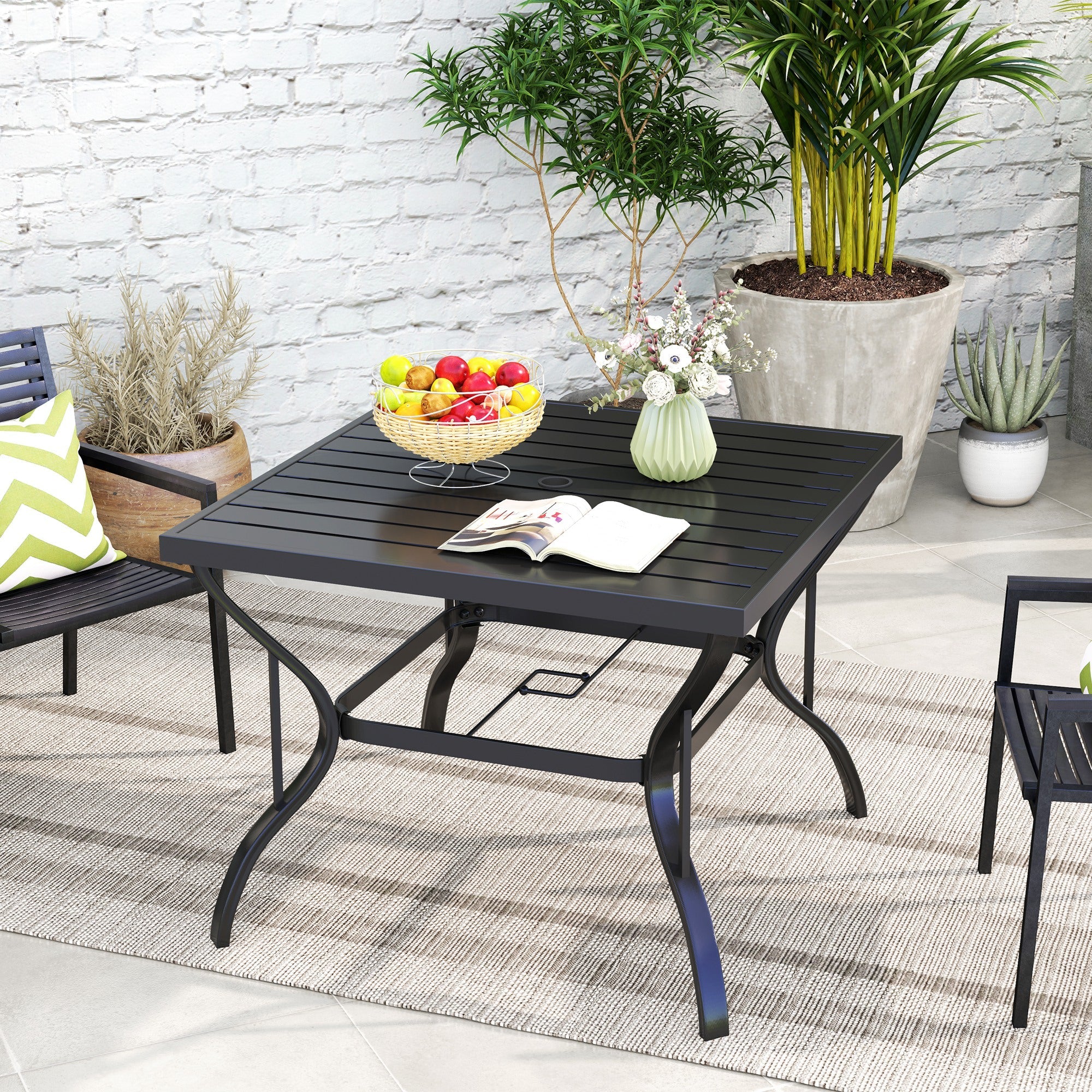 Outsunny 37" Square Outdoor Dining Table, Galvanized Steel Patio Table with 2" Umbrella Hole, Slatted Metal Top, Black 