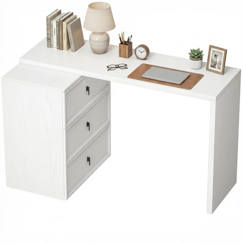 L Shaped Computer Desk Home Office Desk with 3 Drawers White Wood Grain