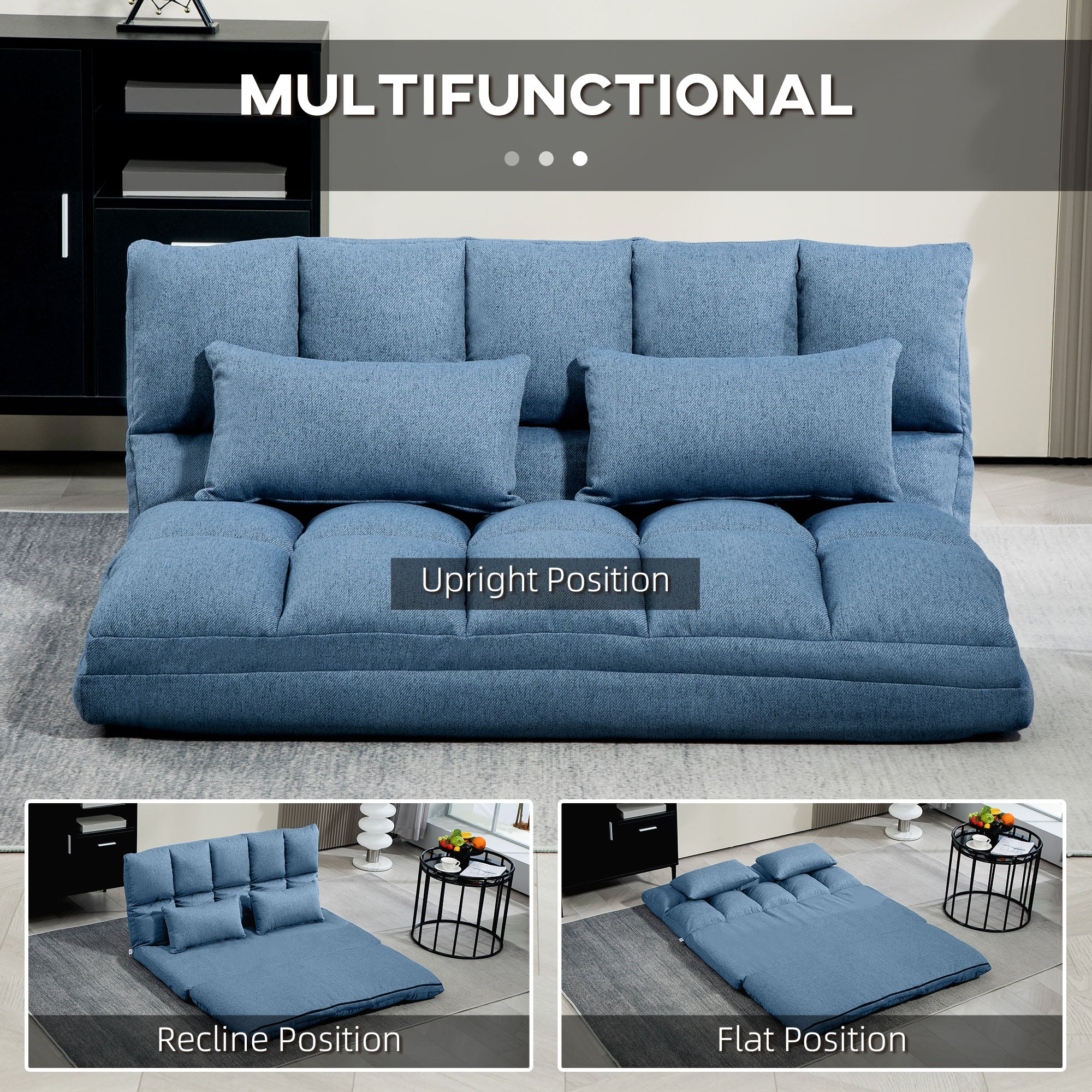 HOMCOM Floor Sofa, Foldable 2-Seater Lazy Sofa Sleeper with 9-position Backrest and 2 Pillows Light Blue 