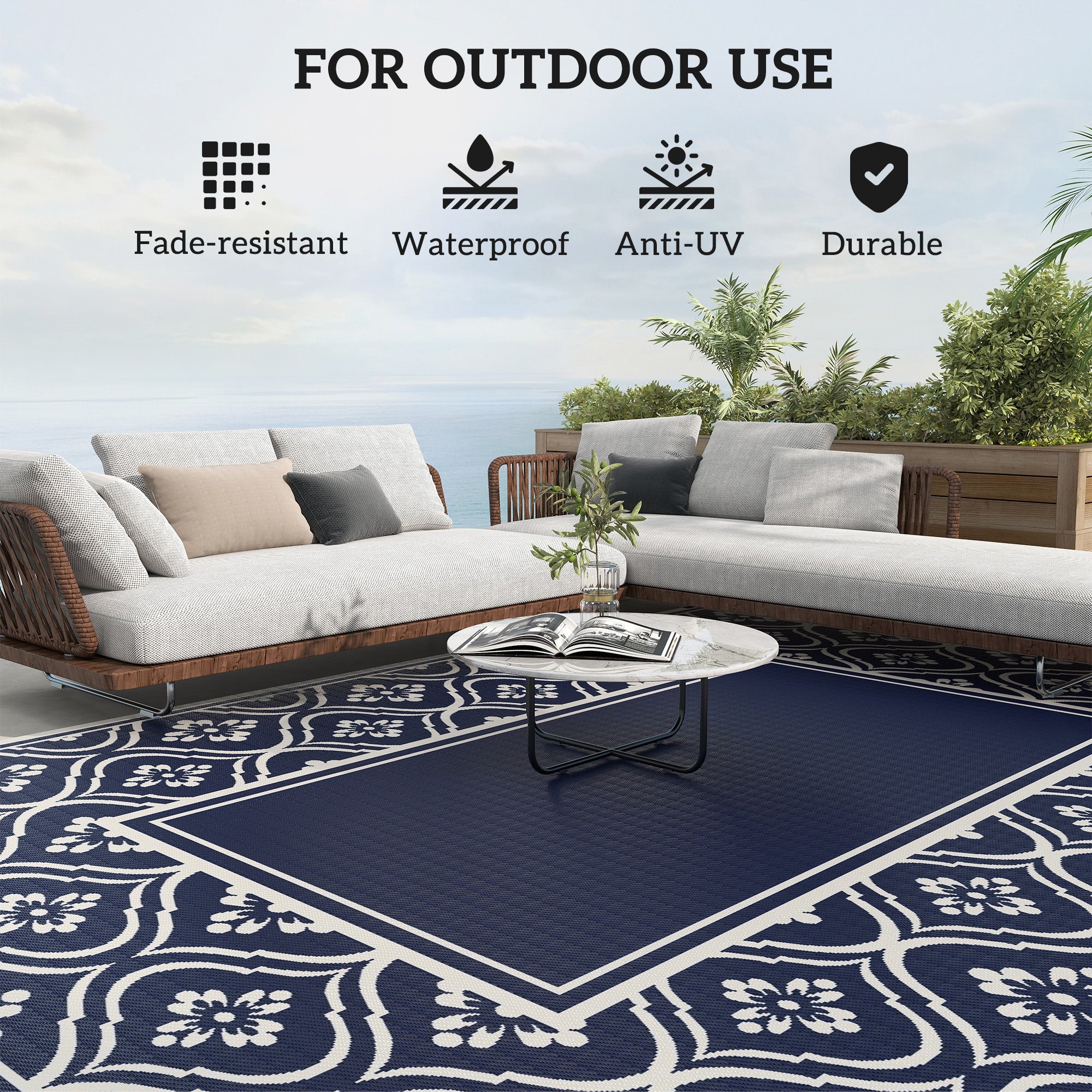 Outsunny 9' x 12' Outdoor RV Rug, Reversible Patio Floor Mat with Carry Bag, Gourd Border, Blue and White 