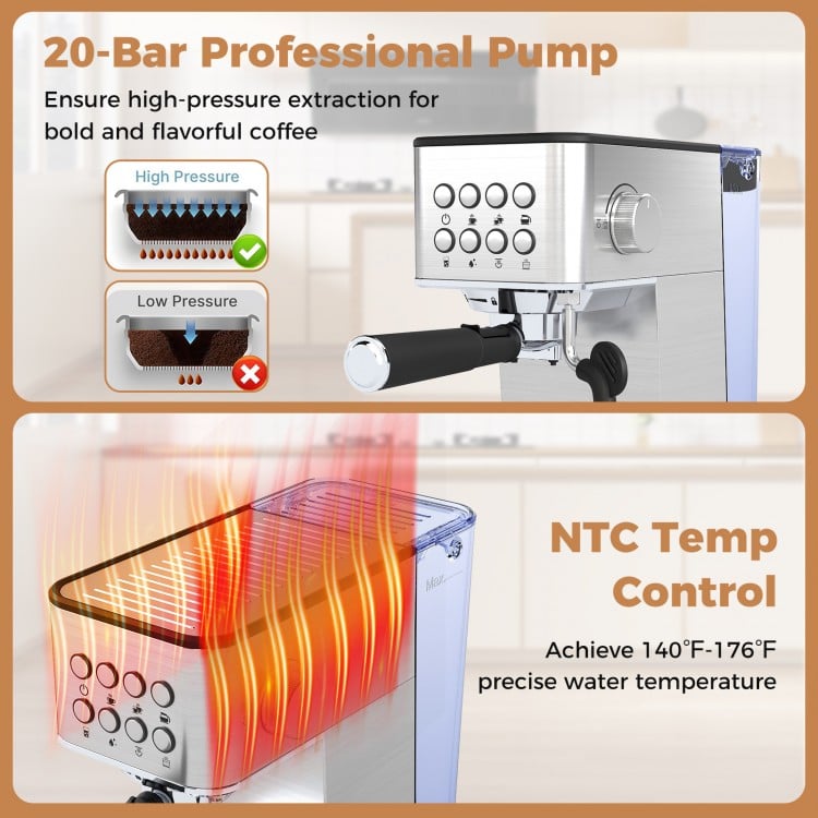 Espresso Machine 20 Bar Compact Stainless Steel Coffee Maker with Milk Frother