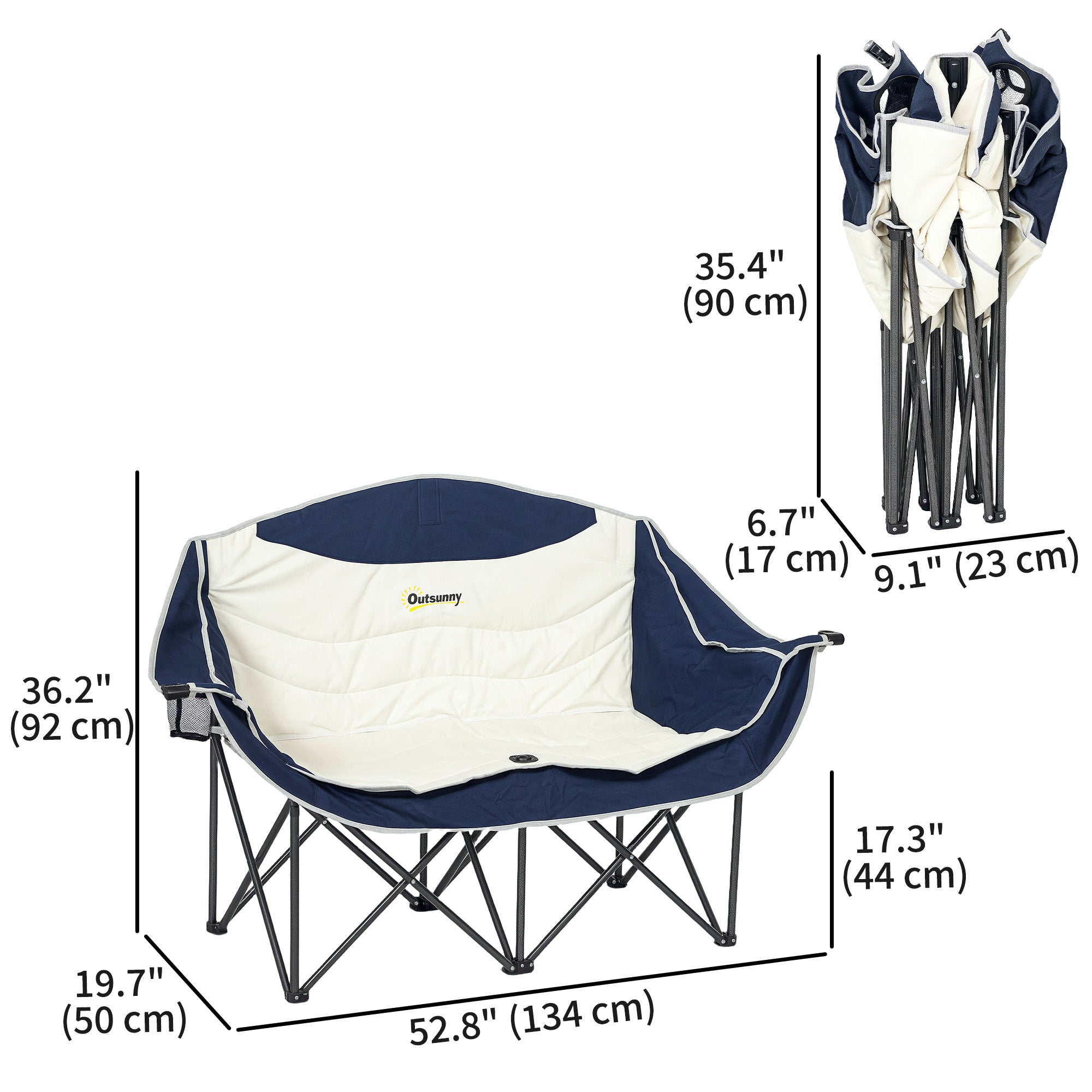 Outsunny Portable Camp Chair, Double Camping Chair with Cup Holders and Carry Bag, Support 551 lbs, Navy Blue 