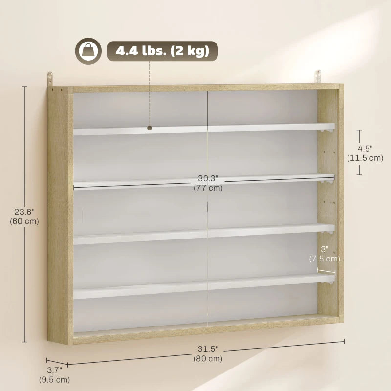 5-Tier Display Cabinet, Shot Glass Display Case, Glass Curio Cabinet with 2 Glass Doors and 4 Adjustable Shelves, Oak