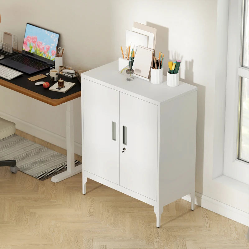 Office Storage Cabinet with Lock, Filing Cabinet with Adjustable Shelves and Doors for Home Office, Garage, White
