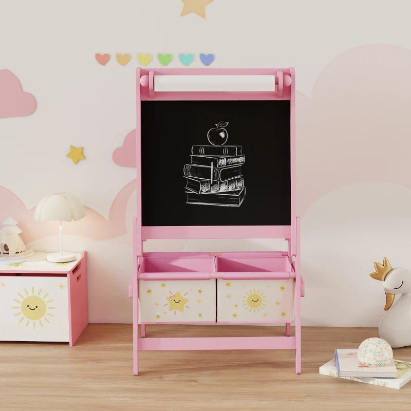 Qaba Art Easel for Kids, Double-Sided Whiteboard & Chalkboard with Paper Roll, 2 Storage Boxes, Gift for Boys, Girls, Pink