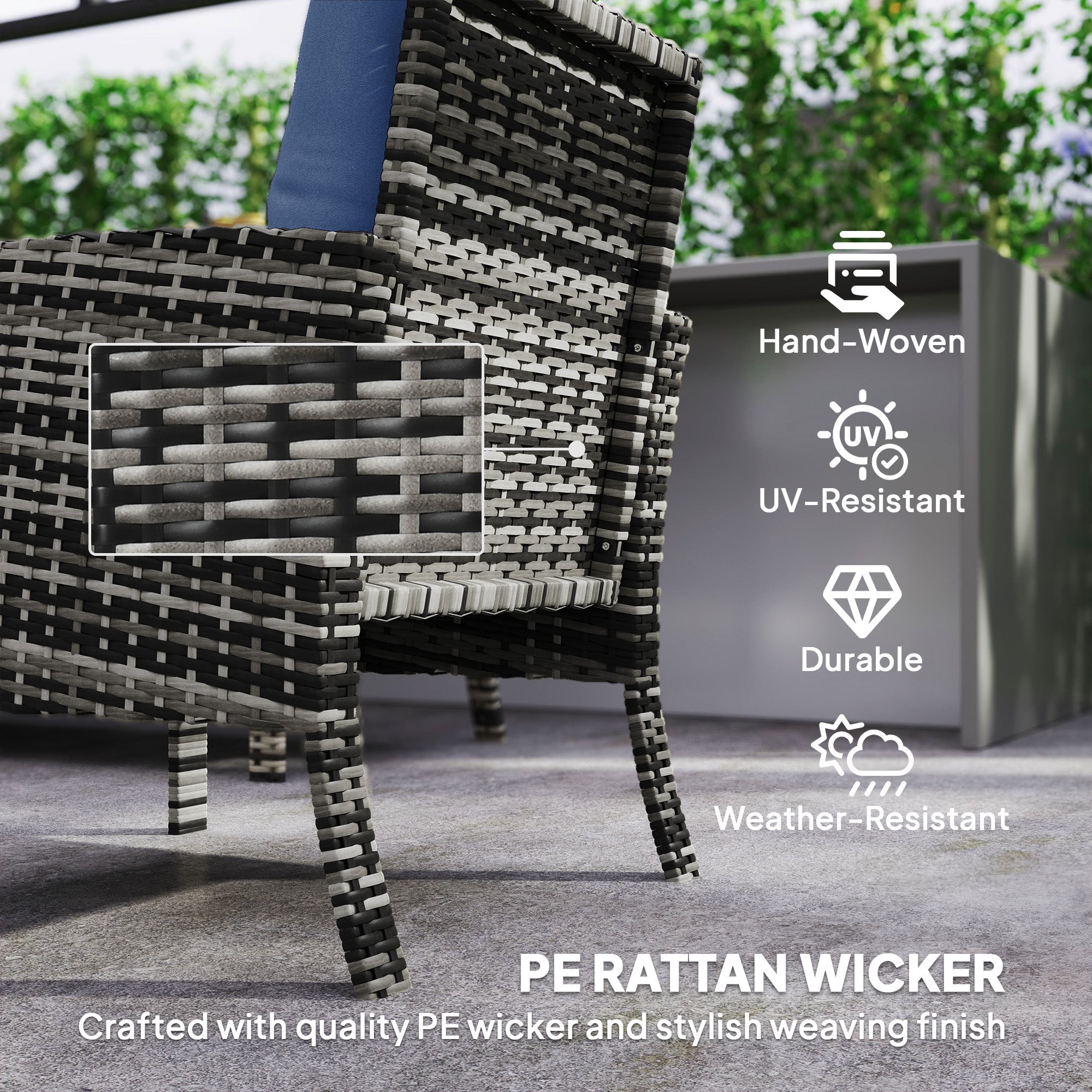 Outsunny 6 Piece Patio Furniture Set with Patio Chairs, Ottomans, Sofa, Glass Top Table and Cushions, Wicker Rattan Outdoor Furniture Set for Backyard, Porch, Navy Blue 