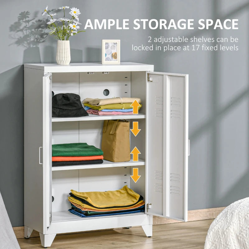 Metal Storage Cabinet, Industrial Sideboard Buffet Cabinet with 2 Louvered Doors, Adjustable Shelves, White