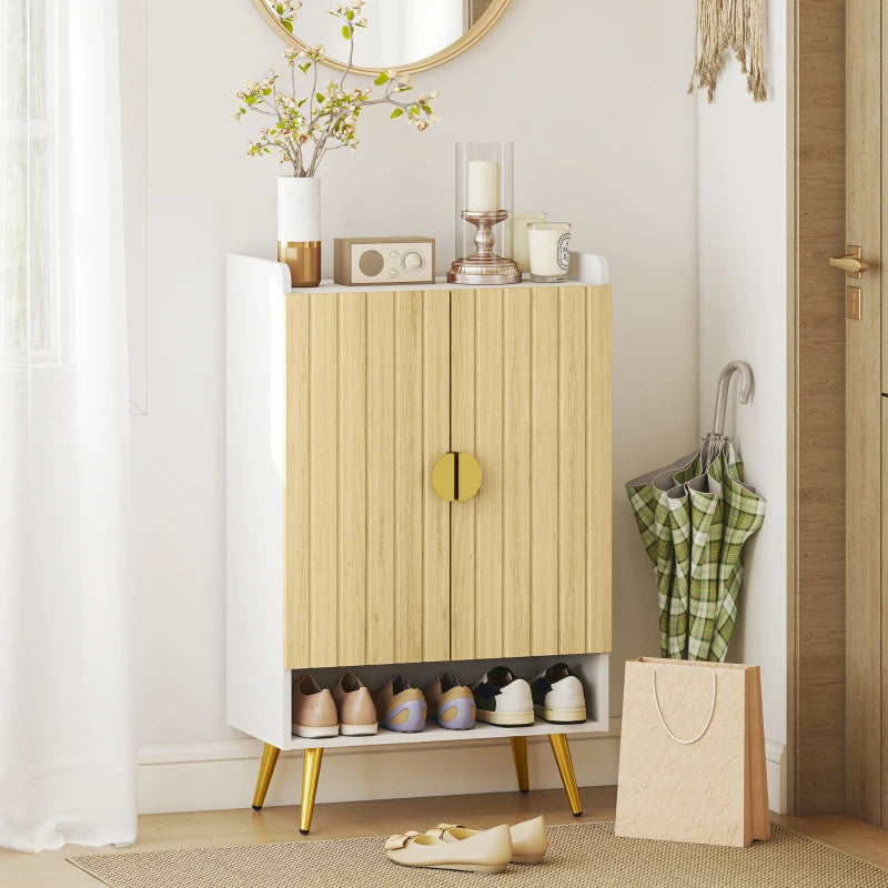 Entryway Shoe Storage Cabinet, Narrow Shoe Cabinet with Adjustable Shelves and Open Shelf for 15 Pairs of Shoes, Natural