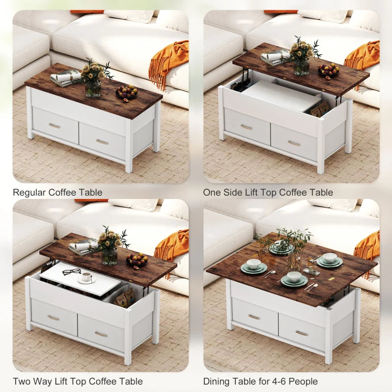 Lift Top Coffee Table, Center Table with 3 Hidden Compartments, 2 Fabric Drawers, Expandable Top and Charging Station