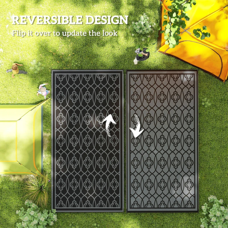 9' x 18' Outdoor RV Rug, Reversible Patio Floor Mat with Carry Bag, Lantern, Black and Grey
