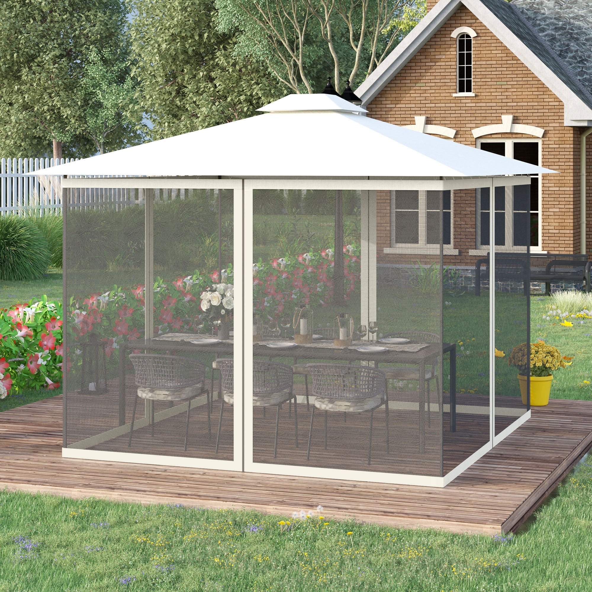 Outsunny Replacement Mosquito Netting for Gazebo 10' x 10' Black Screen Walls for Canopy with Zippers, White 
