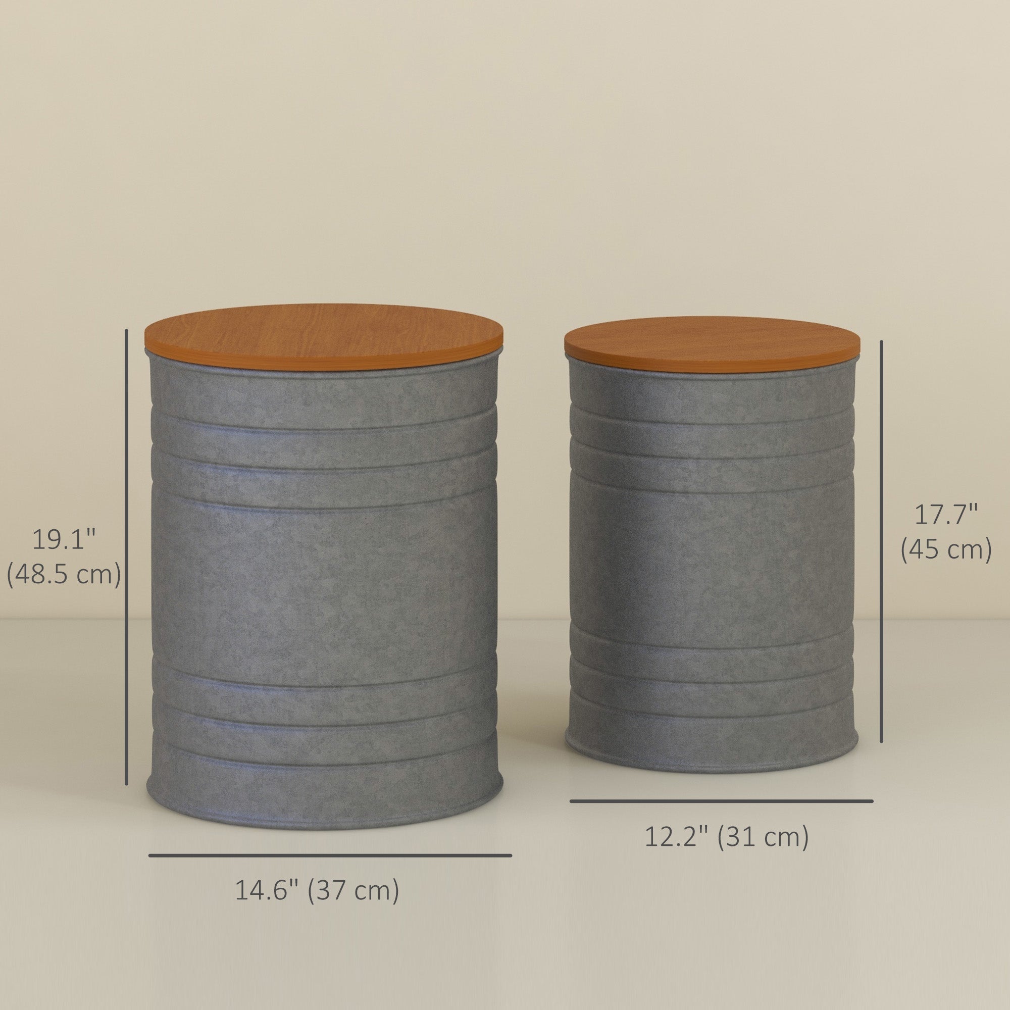 HOMCOM Round Side Table Set of 2, Nesting Coffee Tables w/ Wooden Lid, Galvanized Sheet Frame and Hidden Storage Space, Grey 