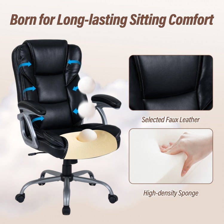 Executive Office Chair Leather Ergonomic Computer Desk Chair with Padded Seat and Armrests-Black