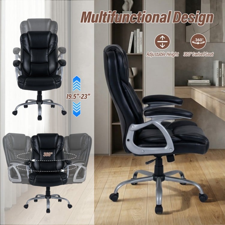 Executive Office Chair Leather Ergonomic Computer Desk Chair with Padded Seat and Armrests-Black