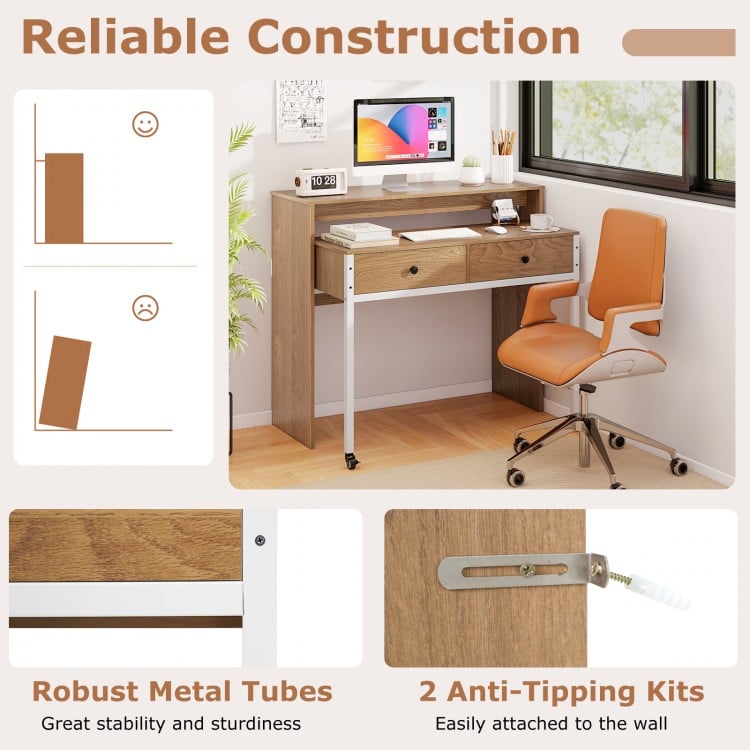 Extendable Computer Desk with Pull Out Secondary Desk-Natural