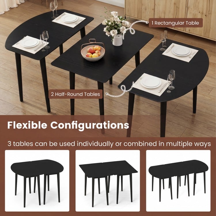 Extendable Oval Dining Table Set with 2 Half-Round Tables for 4-6 People-Black