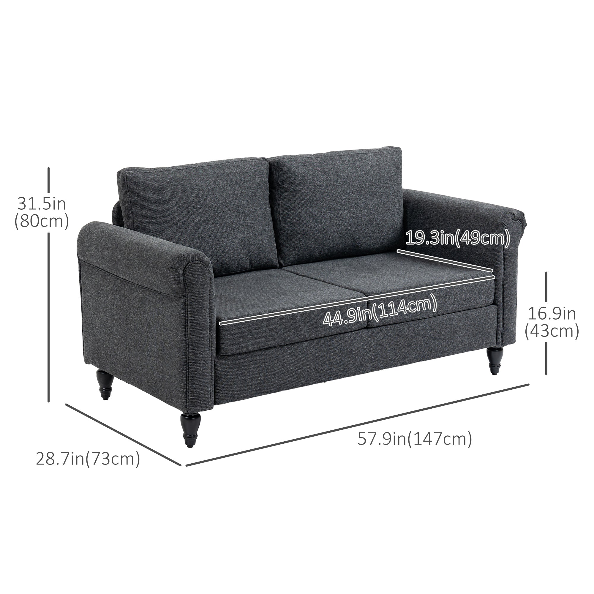 HOMCOM 57.75" Dark Grey Loveseat - Cozy 2-Seater Sofa with Curved Armrests, Throw Cushions & Rubber Wood Legs 