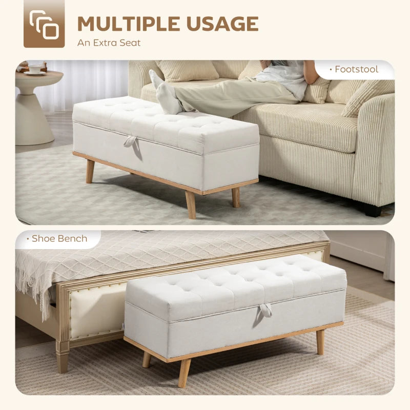 Storage Ottoman Bench, Foot Rest with Lift-Up Lid and Wood Legs, Linen Storage Chest for Living Room, Cream White