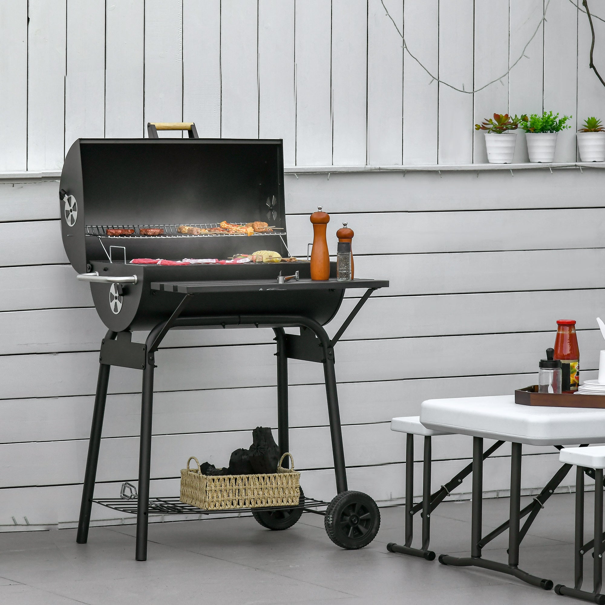 Outsunny 30" Charcoal Barbecue Grill with Wheels Outdoor Barbecue with Adjustable Charcoal Rack, Storage Shelf, Wheel, for Garden Camping Picnic 