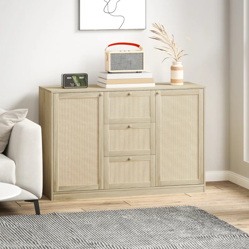 Boho Sideboard Buffet Cabinet, Kitchen Coffee Bar Cabinet with 3 Drawers, 2 Adjustable Shelves and 4 Racks, Natural