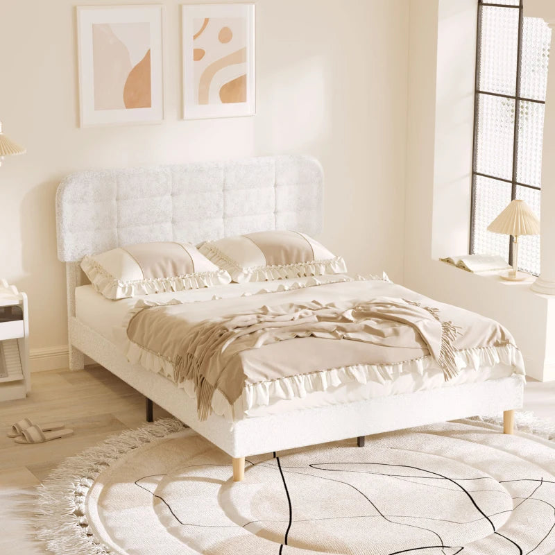 Queen Size Bed Frame with Adjustable Headboard Upholstered Platform Bed Frame with Wood Slat Support Noise Free White