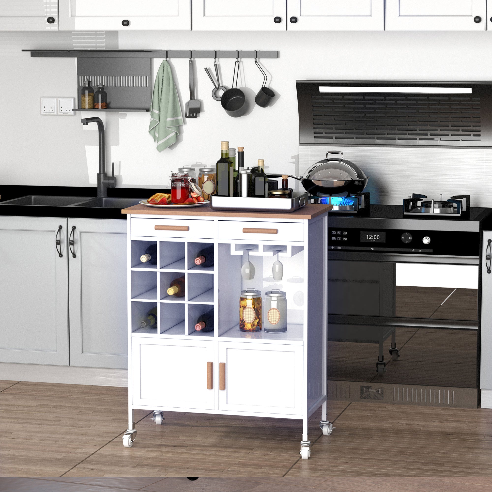 HOMCOM Kitchen Versatility: Portable Trolley with Bamboo Top, Storage Cabinet, and Wine Rack for Culinary Convenience 