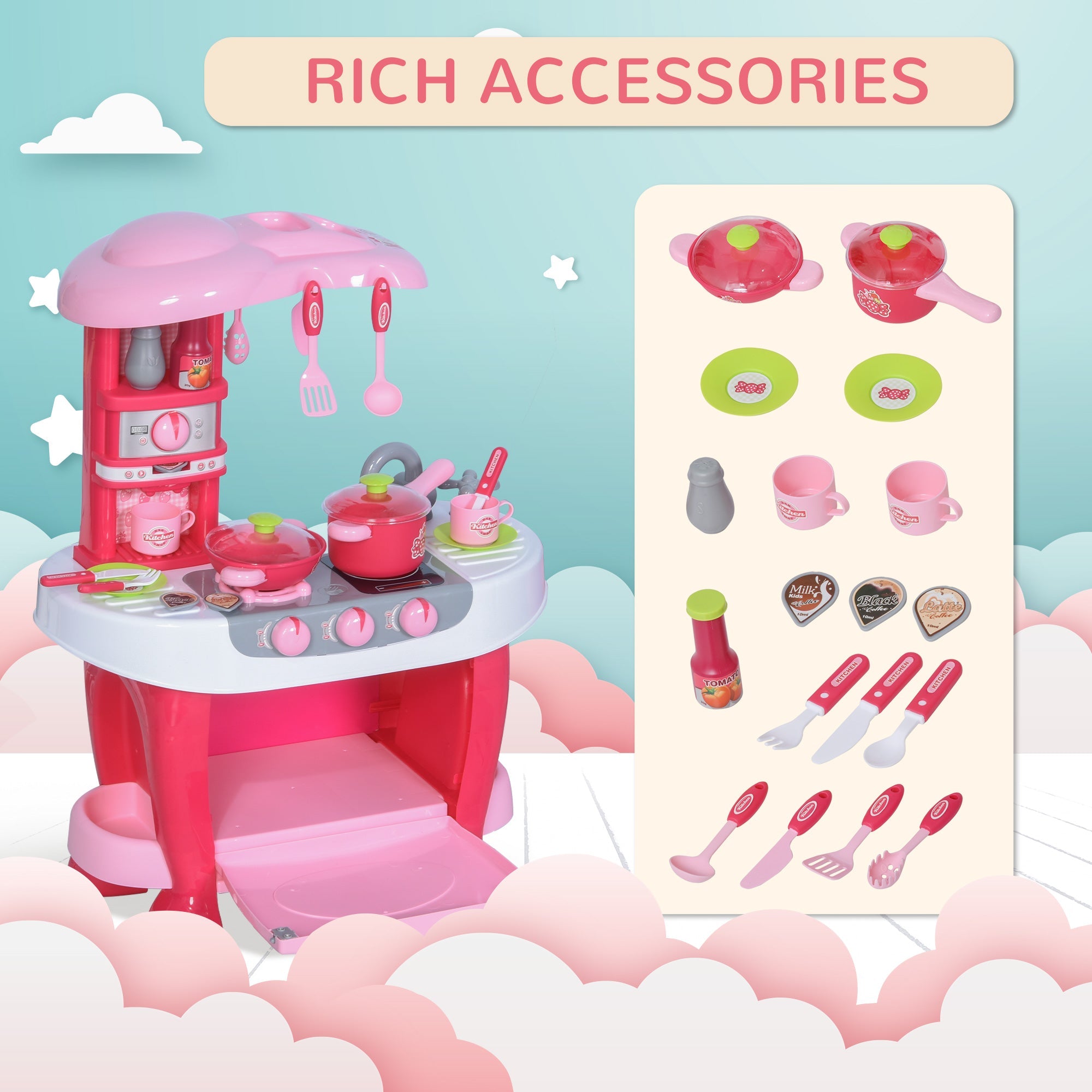Qaba Children's Kitchen Playset with Light & Sound, 38Pcs Toy Accessories, Ideal for Pretend Play, Pink 